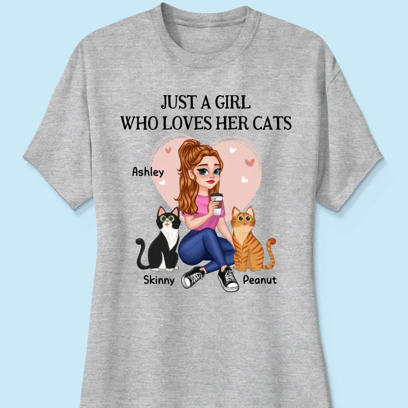 Just A Girl Who Loves Cats Pretty Cartoon Girl Sitting With Cats Personalized Shirt - Image 10