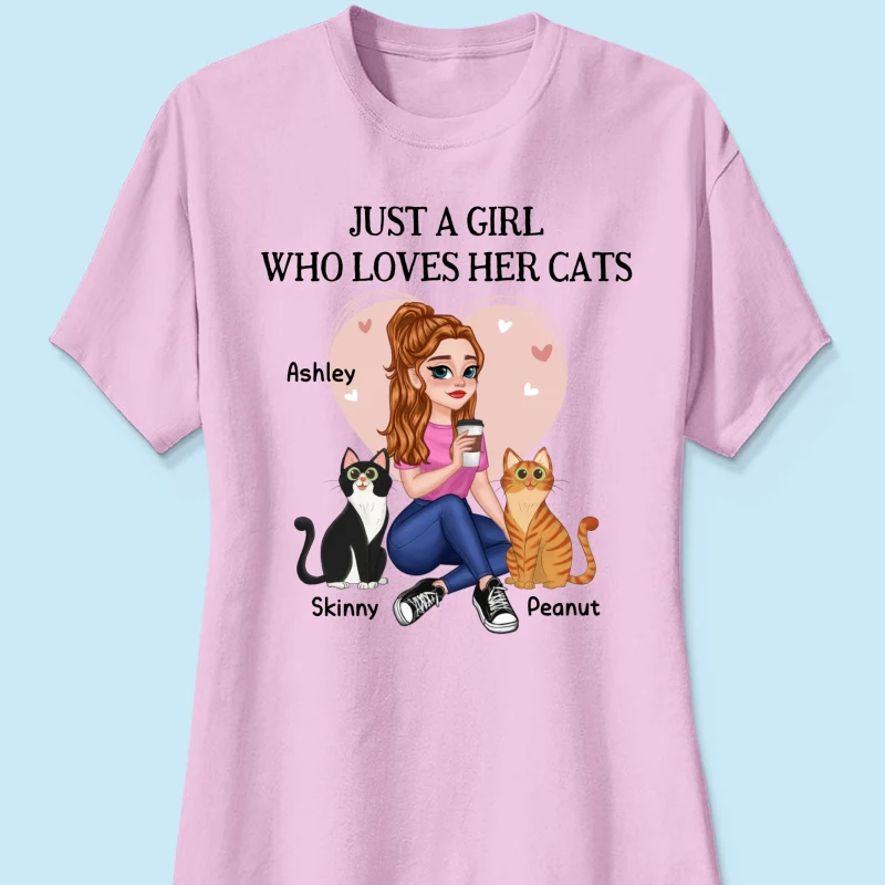 Just A Girl Who Loves Cats Pretty Cartoon Girl Sitting With Cats Personalized Shirt - Image 11