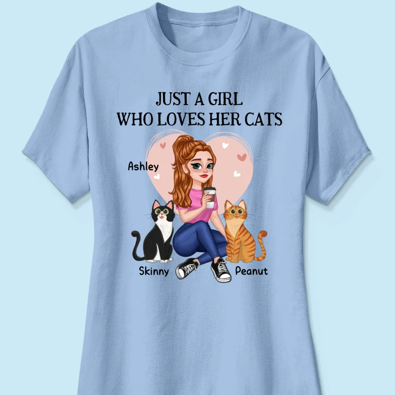 Just A Girl Who Loves Cats Pretty Cartoon Girl Sitting With Cats Personalized Shirt - Image 12