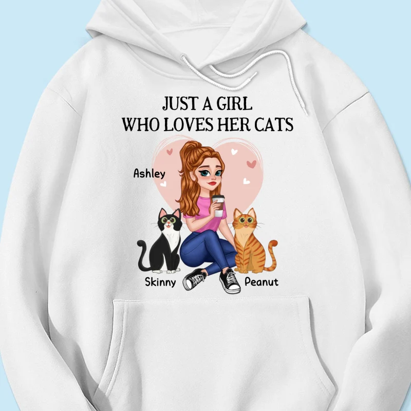 Just A Girl Who Loves Cats Pretty Cartoon Girl Sitting With Cats Personalized Shirt - Image 13