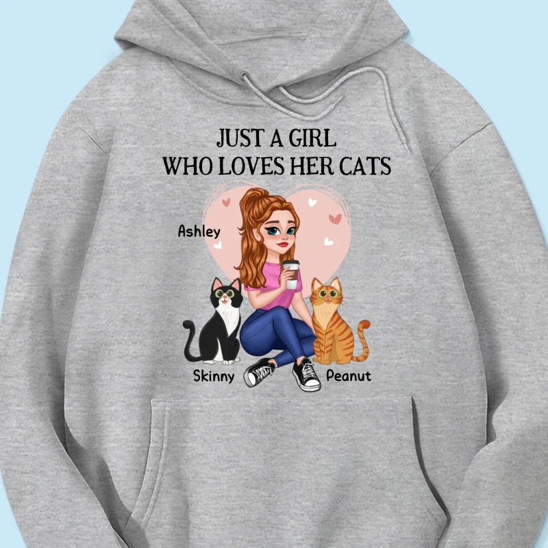 Just A Girl Who Loves Cats Pretty Cartoon Girl Sitting With Cats Personalized Shirt - Image 14