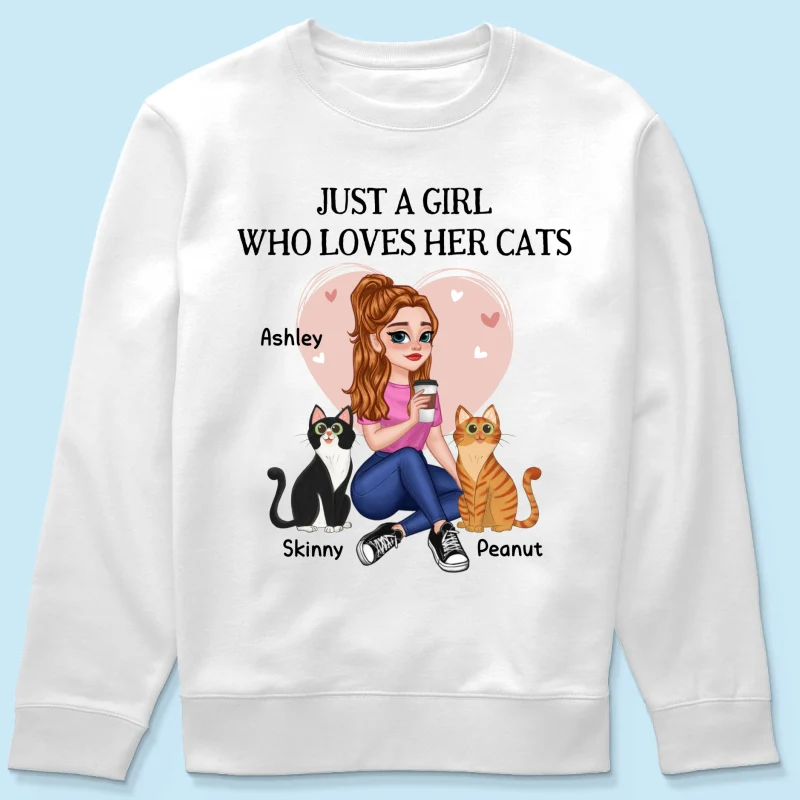 Just A Girl Who Loves Cats Pretty Cartoon Girl Sitting With Cats Personalized Shirt - Image 17