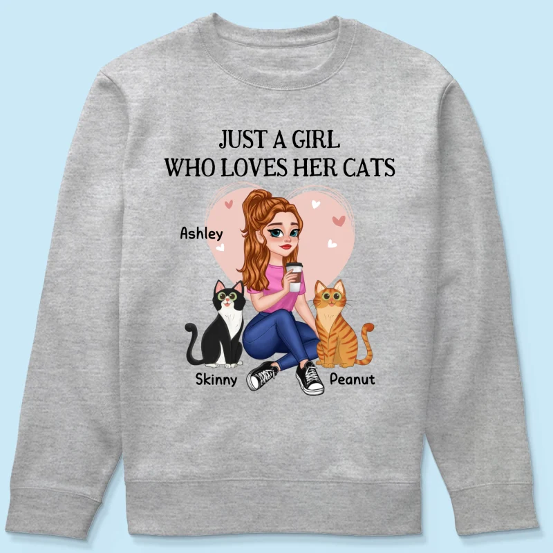 Just A Girl Who Loves Cats Pretty Cartoon Girl Sitting With Cats Personalized Shirt - Image 18