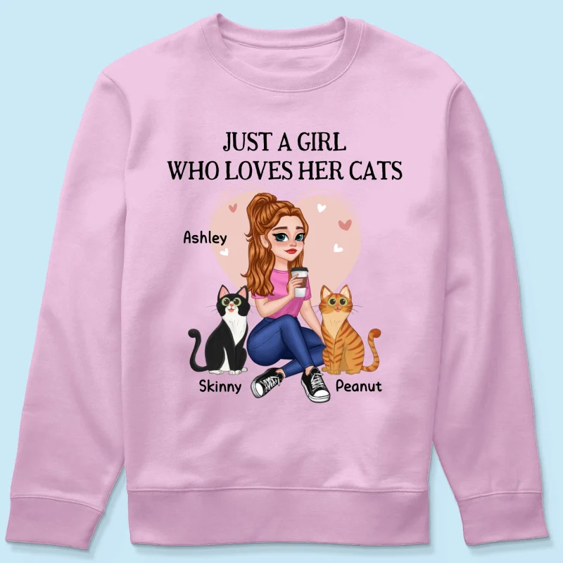 Just A Girl Who Loves Cats Pretty Cartoon Girl Sitting With Cats Personalized Shirt - Image 19