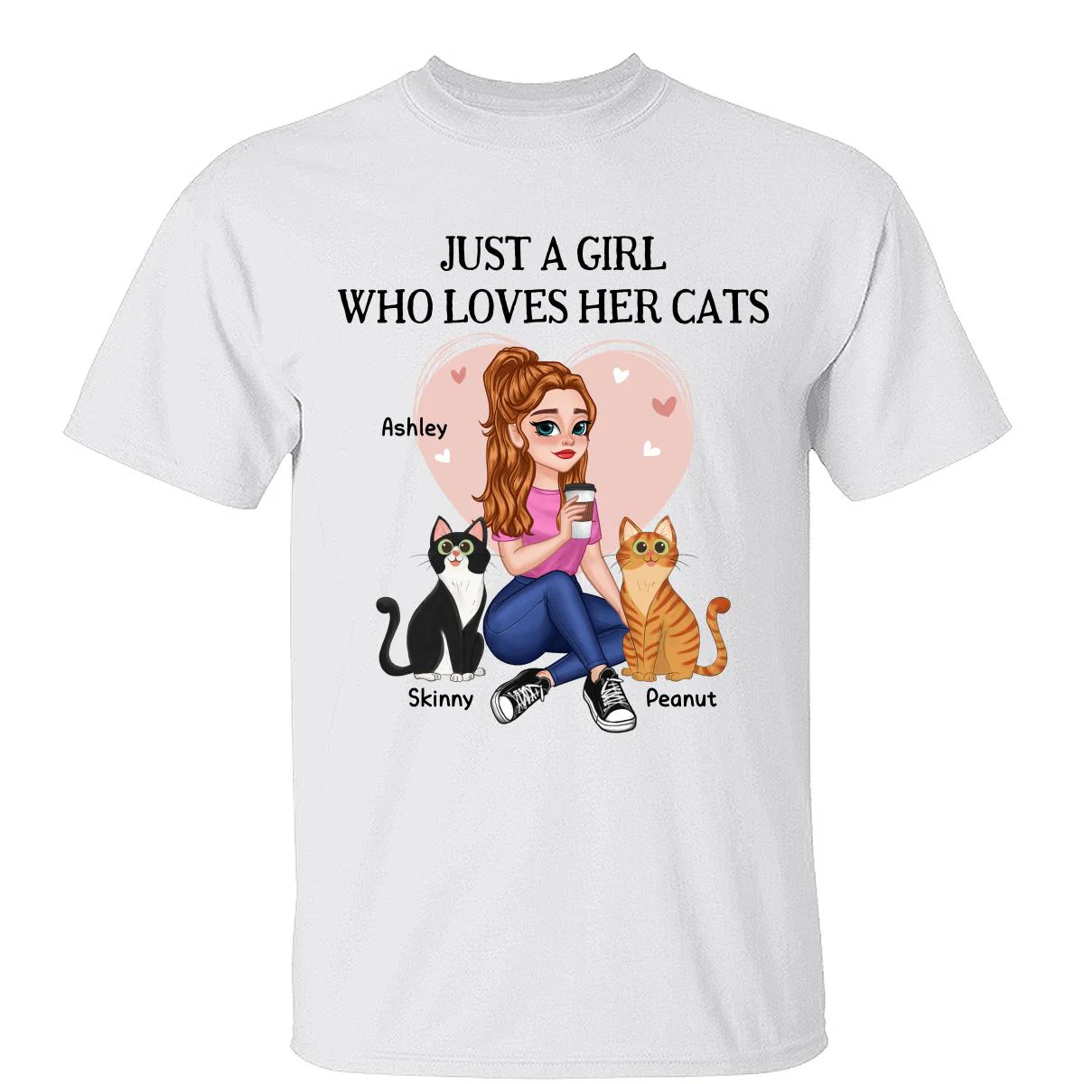 Just A Girl Who Loves Cats Pretty Cartoon Girl Sitting With Cats Personalized Shirt - Image 20