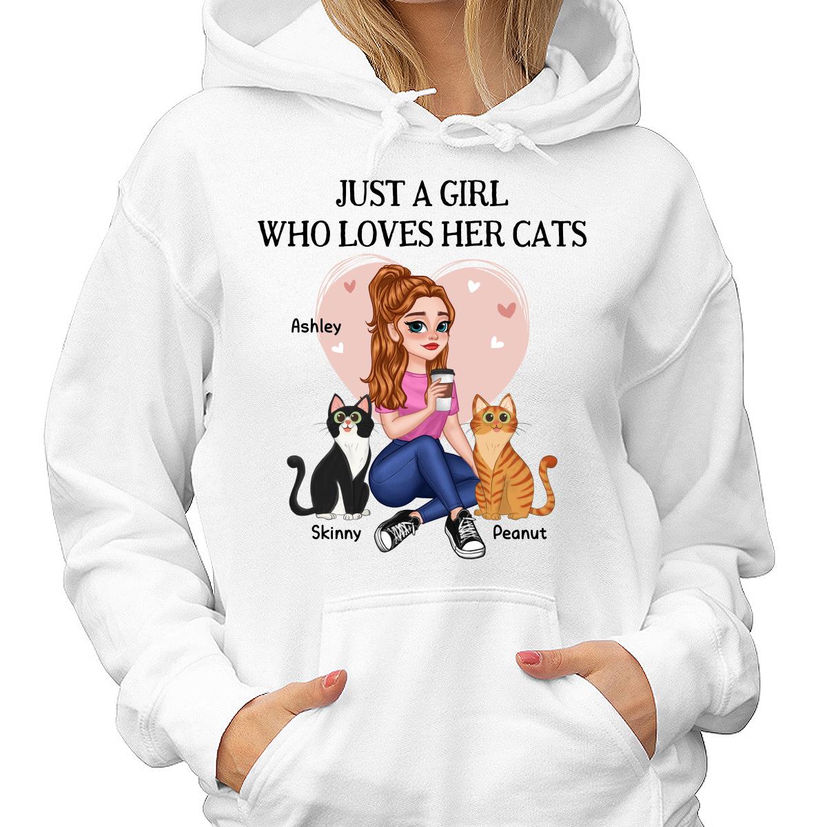 Just A Girl Who Loves Cats Pretty Cartoon Girl Sitting With Cats Personalized Shirt - Image 23