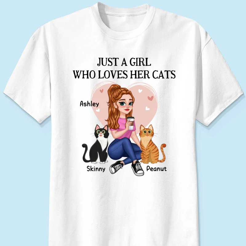 Just A Girl Who Loves Cats Pretty Cartoon Girl Sitting With Cats Personalized Shirt - Image 5