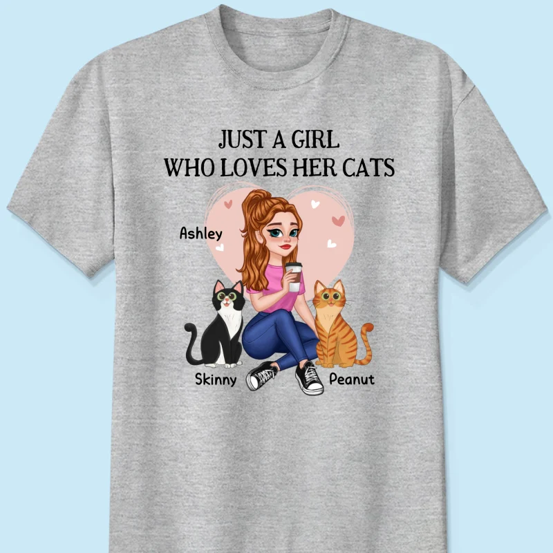 Just A Girl Who Loves Cats Pretty Cartoon Girl Sitting With Cats Personalized Shirt - Image 6