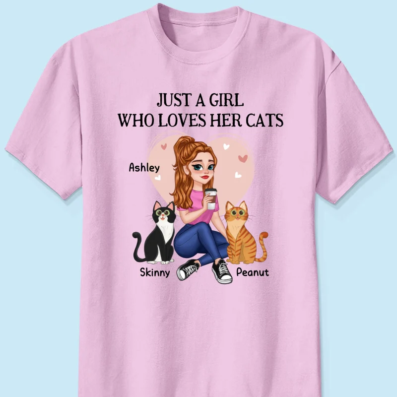 Just A Girl Who Loves Cats Pretty Cartoon Girl Sitting With Cats Personalized Shirt - Image 7