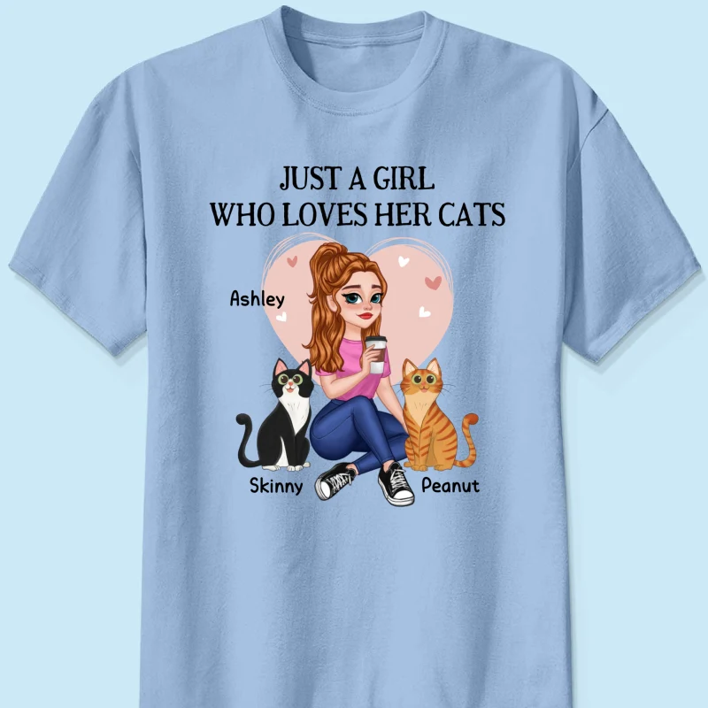 Just A Girl Who Loves Cats Pretty Cartoon Girl Sitting With Cats Personalized Shirt - Image 8