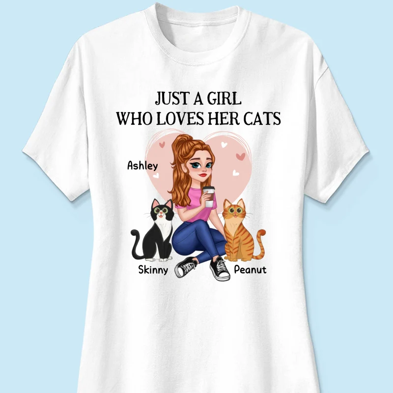 Just A Girl Who Loves Cats Pretty Cartoon Girl Sitting With Cats Personalized Shirt - Image 9
