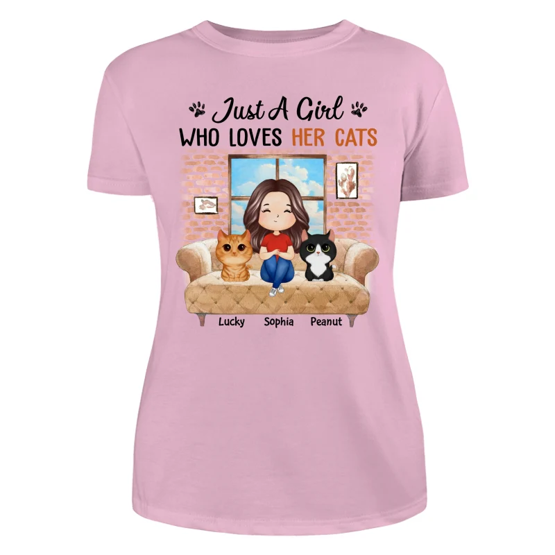 Just A Girl Who Loves Cats Watercolor Woman And Watercolor Cute Cats Sitting By The Window Personalized Shirt - Image 11