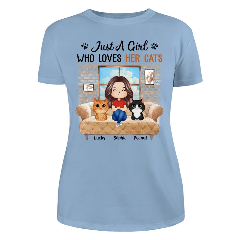 Just A Girl Who Loves Cats Watercolor Woman And Watercolor Cute Cats Sitting By The Window Personalized Shirt - Image 12