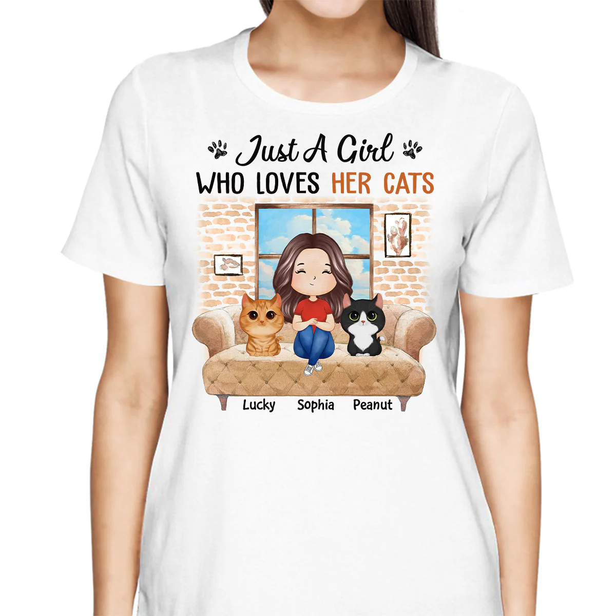 Just A Girl Who Loves Cats Watercolor Woman And Watercolor Cute Cats Sitting By The Window Personalized Shirt - Image 2