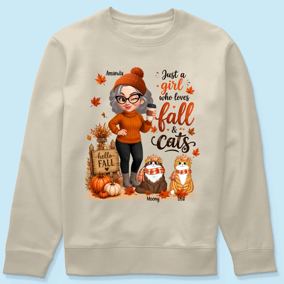 Just a Girl Who Loves Fall & Cats - Personalized Shirt - Cozy Fall Shirt for Cat Moms - Image 20