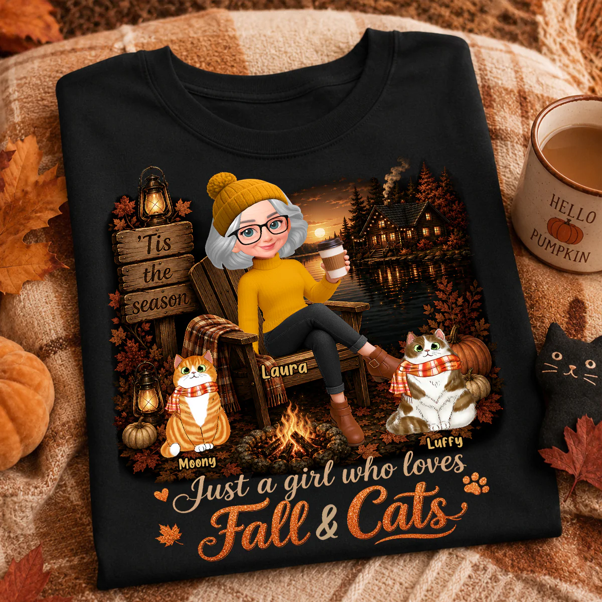Just a Girl Who Loves Fall & Cats - Personalized Shirt - Cozy Fall Tee for Cat Moms - Image 3