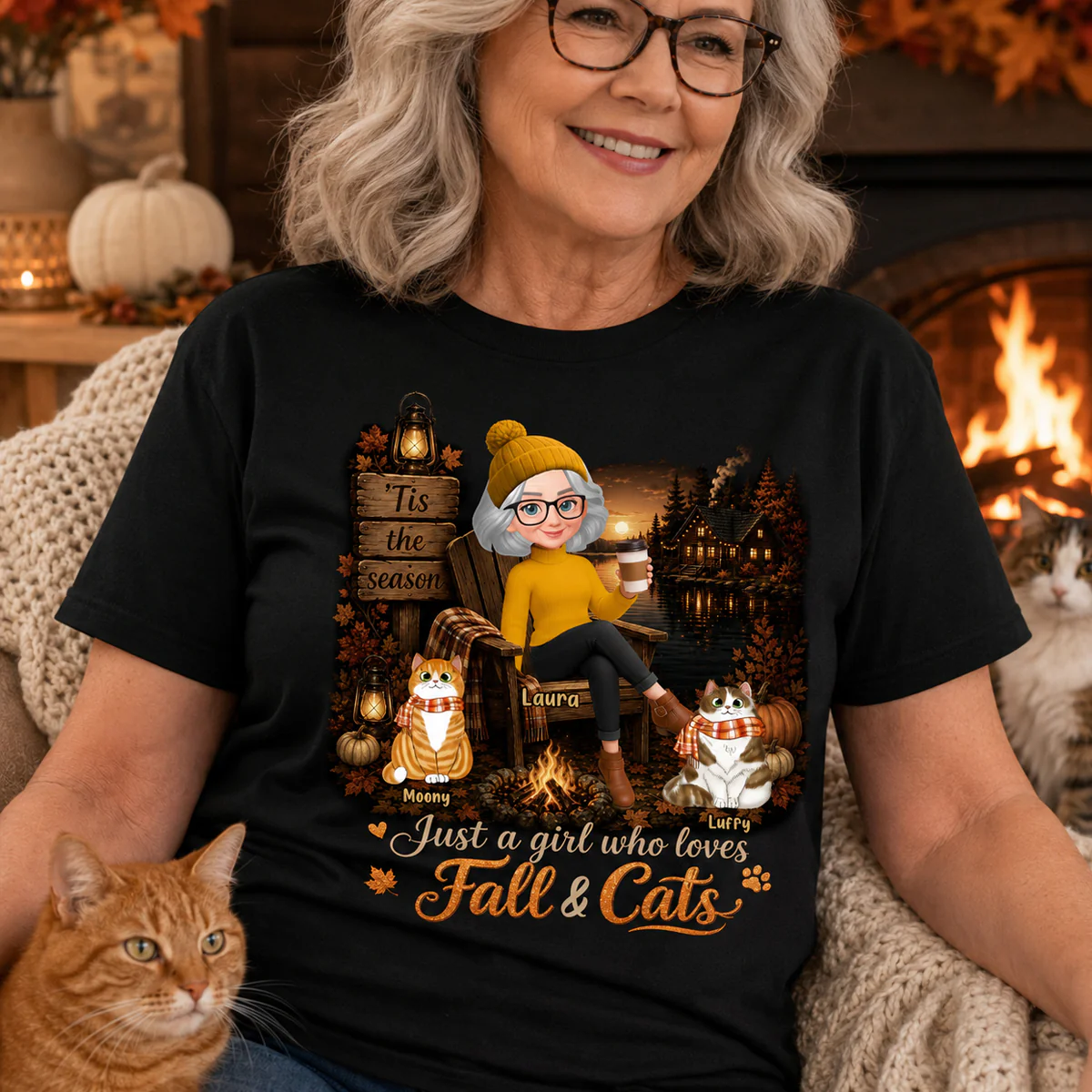 Just a Girl Who Loves Fall & Cats - Personalized Shirt - Cozy Fall Tee for Cat Moms - Image 6