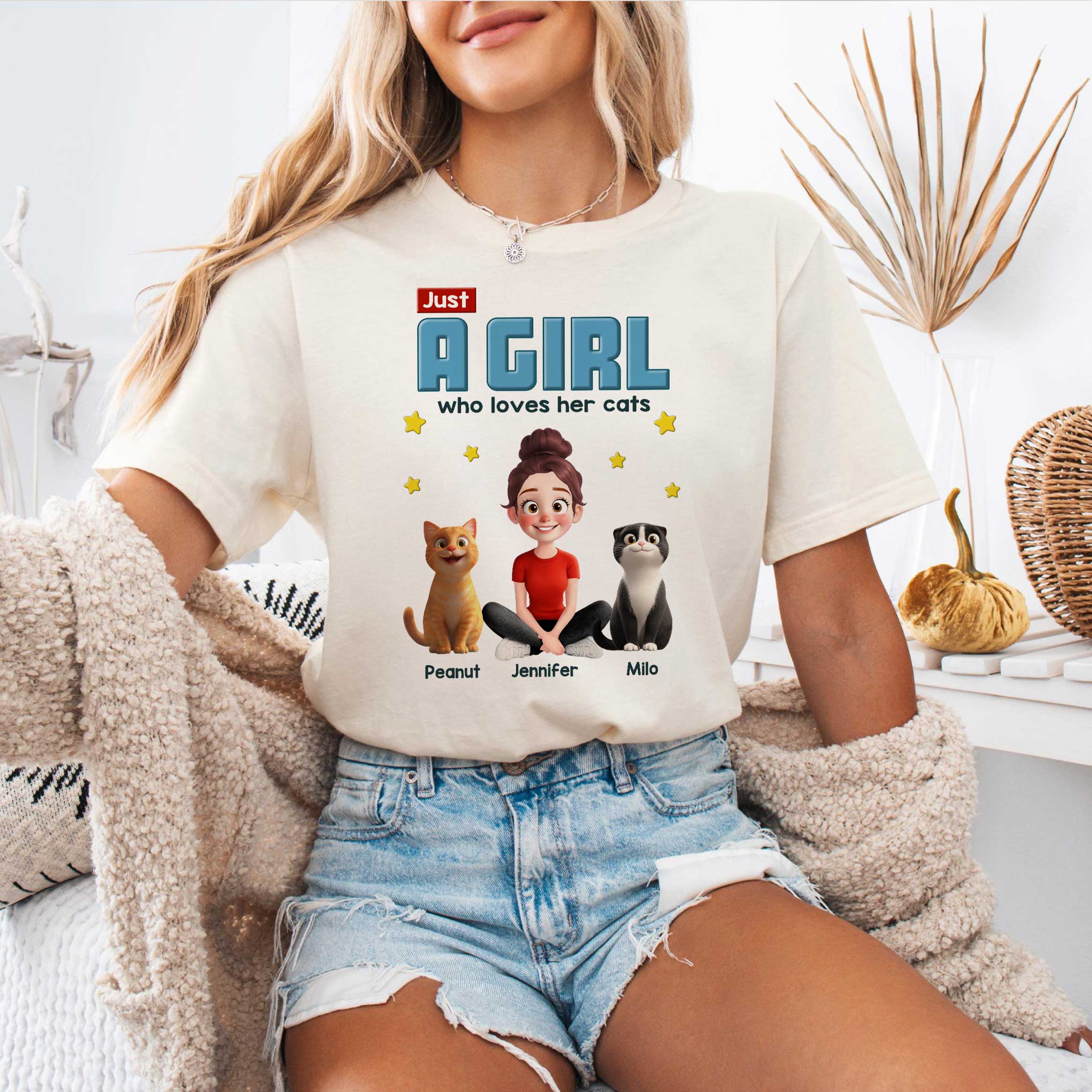 Just A Girl Who Loves Her Cat Cartoon Funny Cats Personalized Shirt - Image 3
