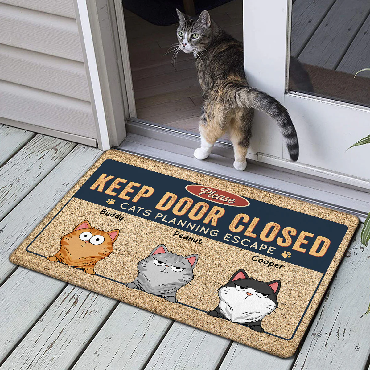 Keep Door Closed Cats Planning Escape Funny Cats Expression Personalized Doormat - Image 2