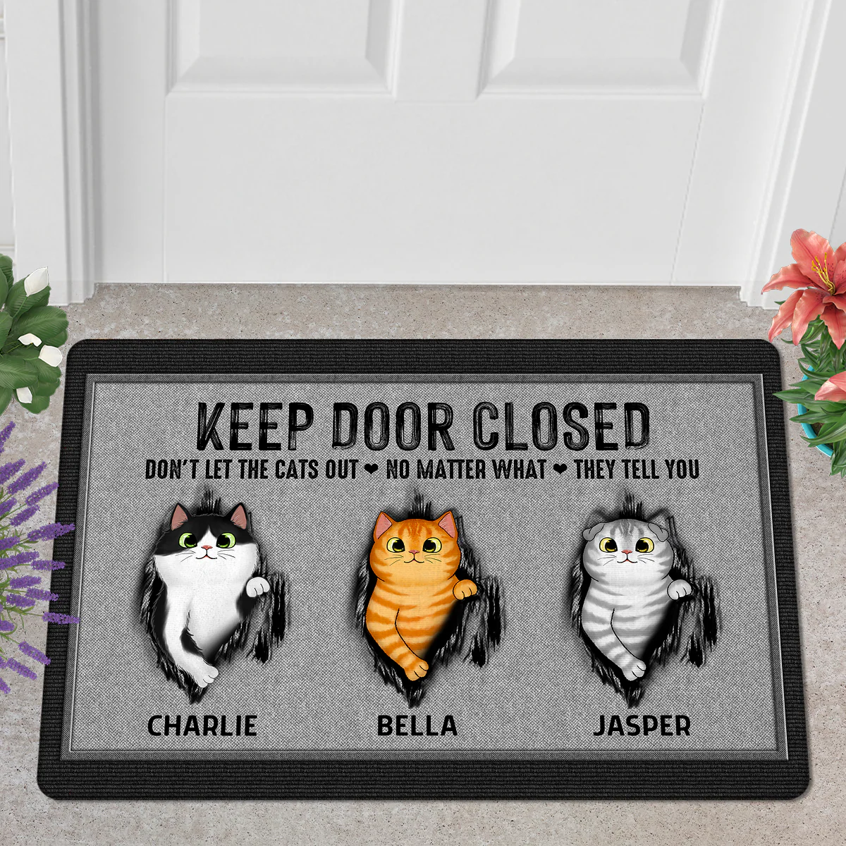 Keep Door Closed Fluffy Cat Tearing Gray Background Personalized Doormat - Image 3