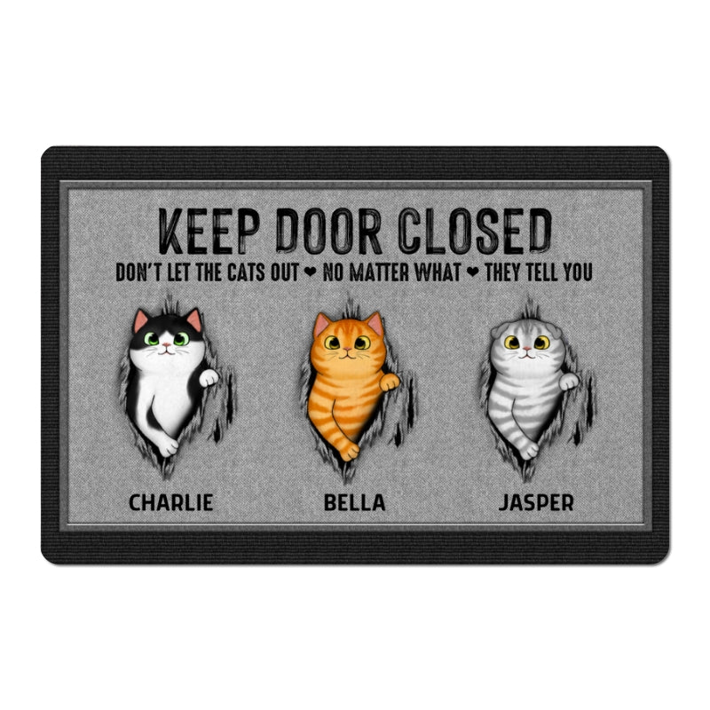 Keep Door Closed Fluffy Cat Tearing Gray Background Personalized Doormat - Image 4