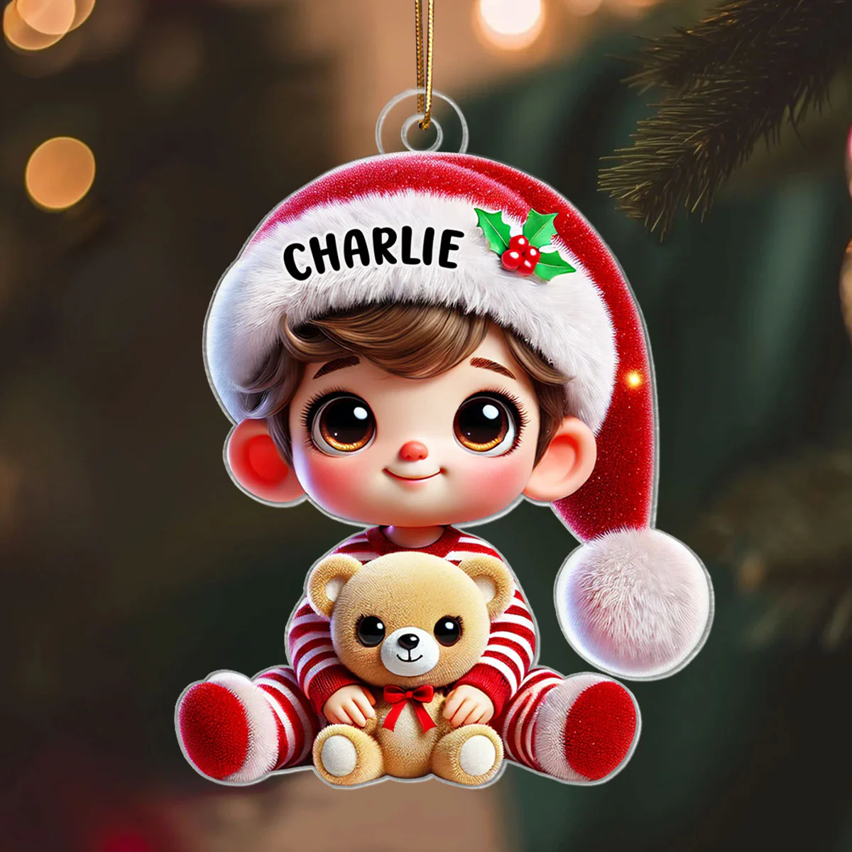 Kid Boy Girl Holding A Teddy Bear Personalized Acrylic Ornament, Christmas Gift for Children, Grandchildren - Image 3