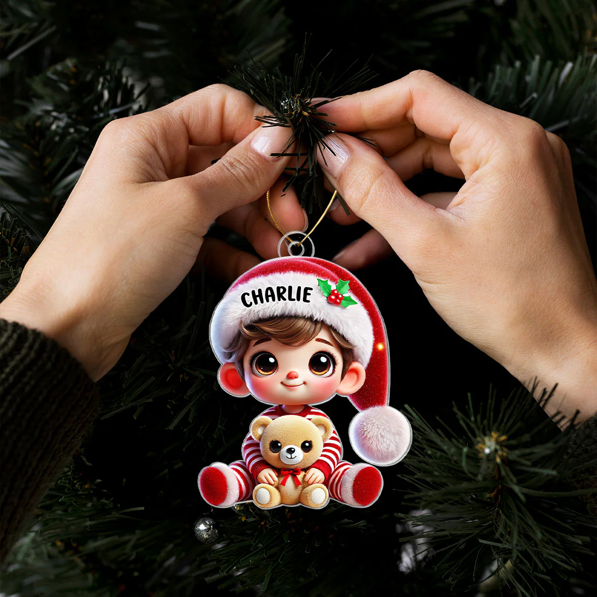 Kid Boy Girl Holding A Teddy Bear Personalized Acrylic Ornament, Christmas Gift for Children, Grandchildren - Image 7