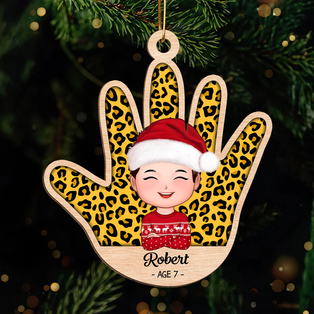 Kid Handprint Colorful Checkered Personalized Wooden Ornament - Image 2