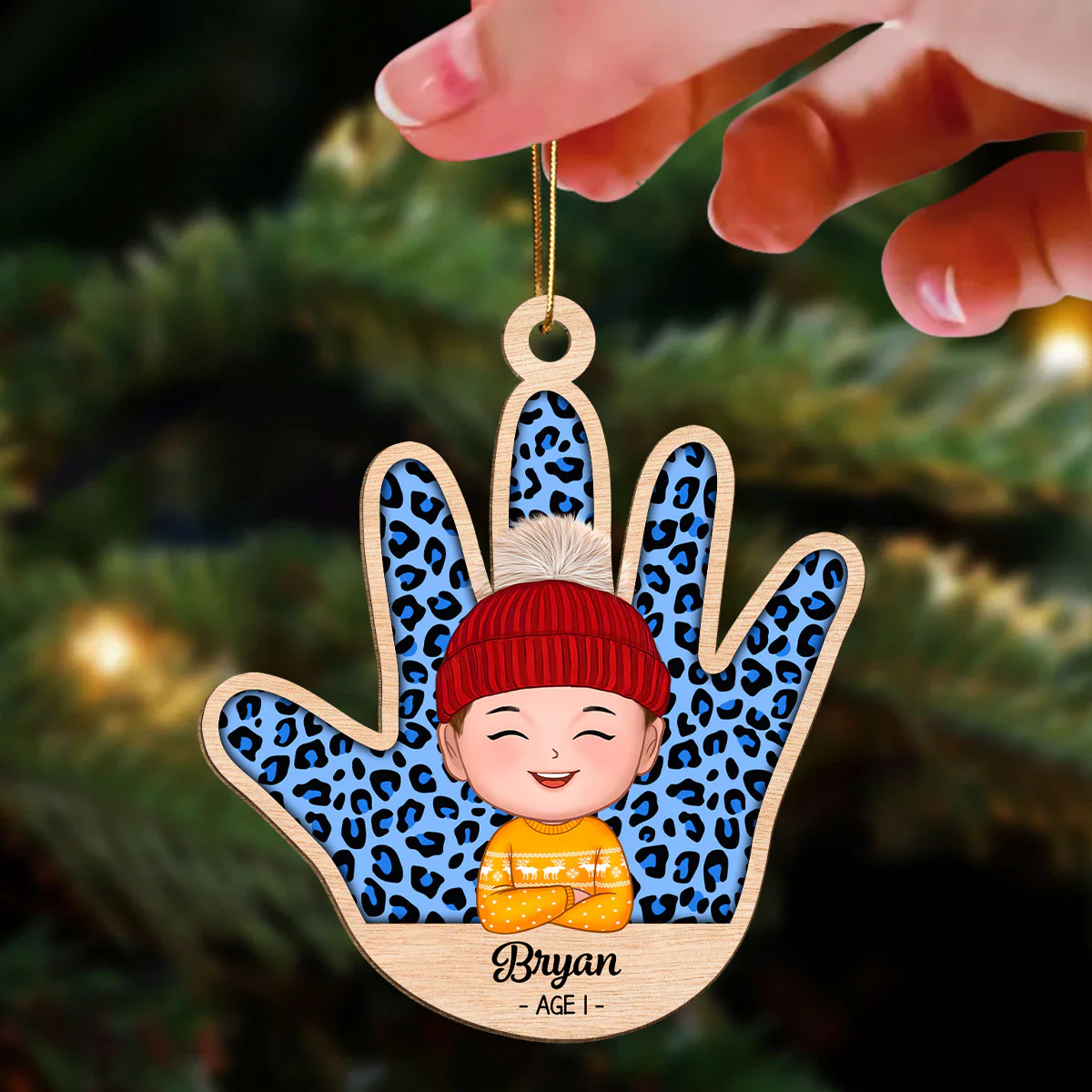 Kid Handprint Colorful Checkered Personalized Wooden Ornament - Image 3
