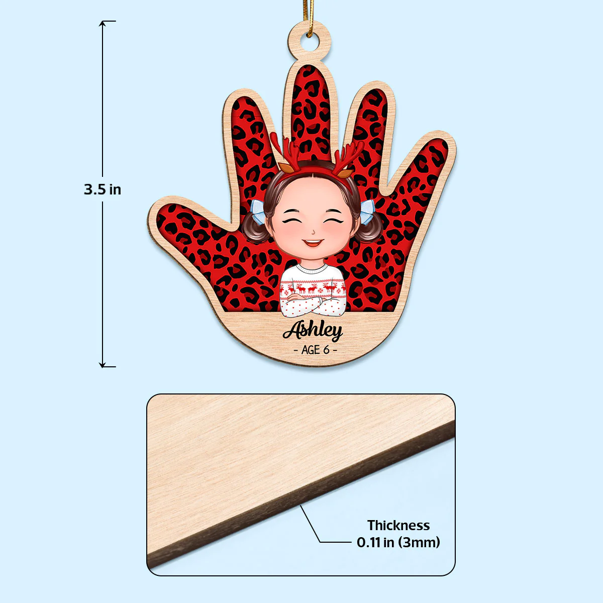 Kid Handprint Colorful Checkered Personalized Wooden Ornament - Image 4