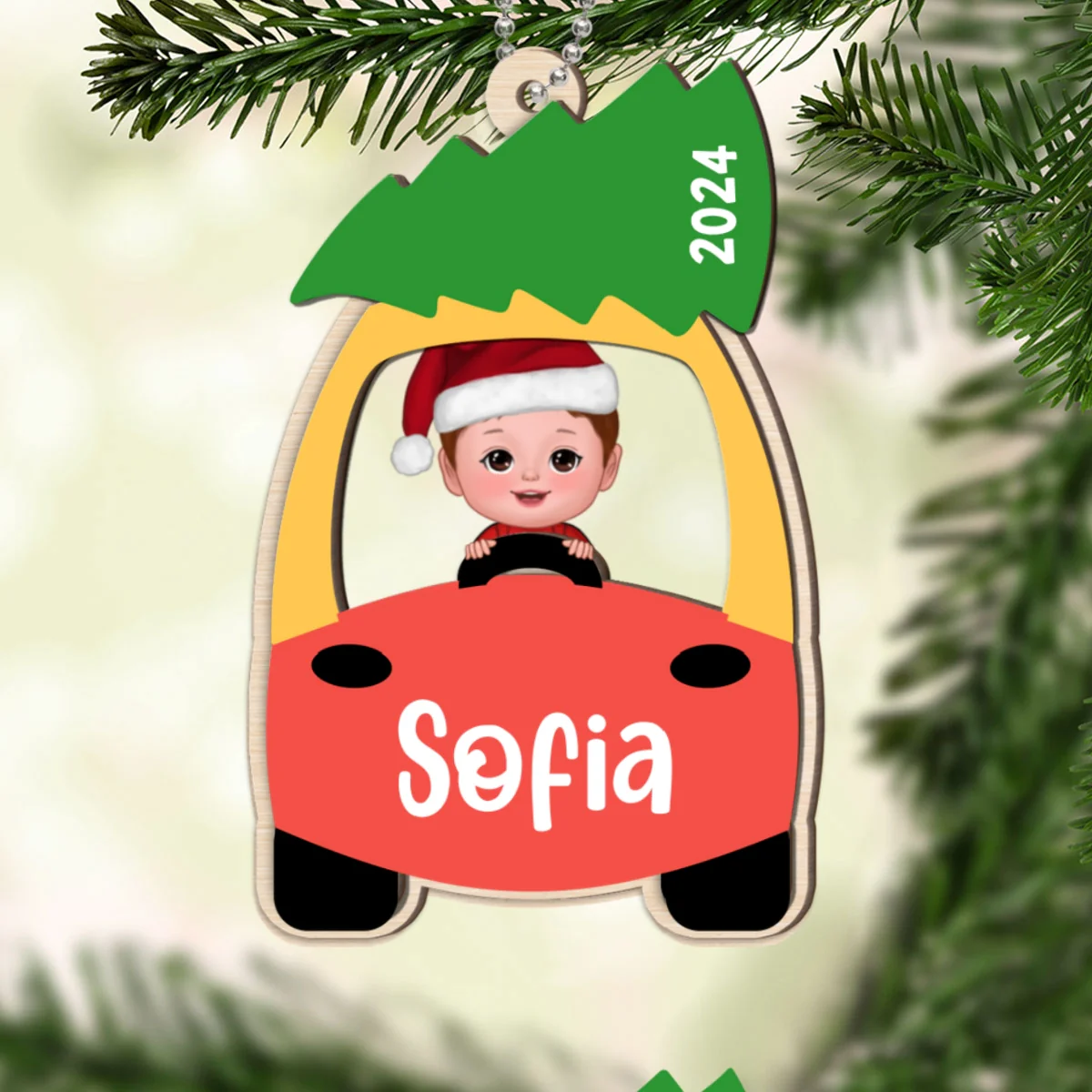 Kid On Christmas Toy Car First Christmas Personalized 2-Layer Wooden Ornament - Image 11