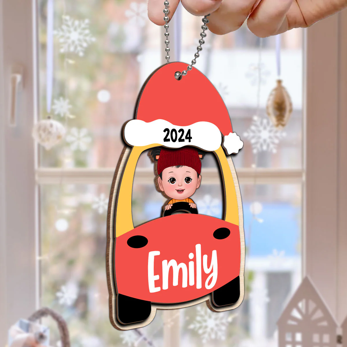 Kid On Christmas Toy Car First Christmas Personalized 2-Layer Wooden Ornament - Image 6