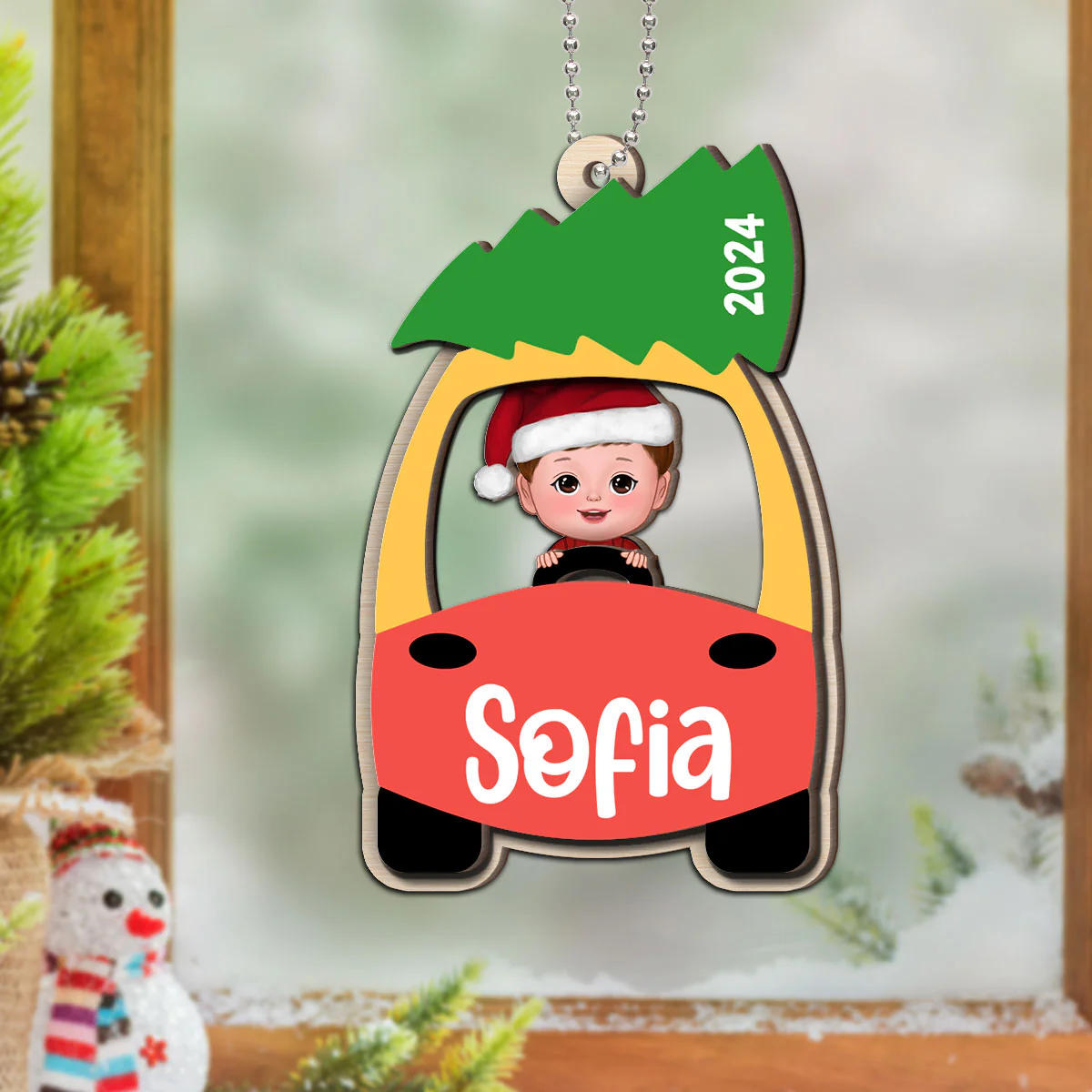 Kid On Christmas Toy Car First Christmas Personalized 2-Layer Wooden Ornament - Image 8