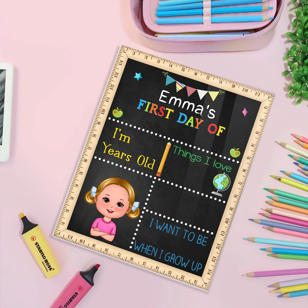 Adorable Kid First Day Of School Personalized Board Sign, Editable, Reusable Back To School Sign - Image 6