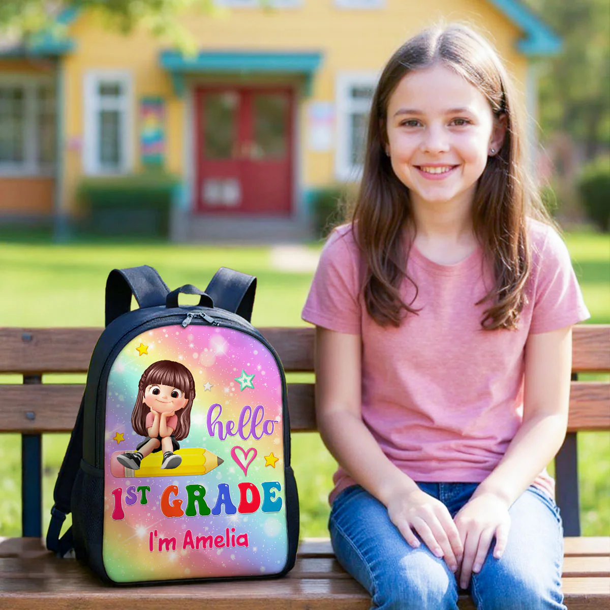 Kid Sitting On Pencil Personalized Kid Backpack, Back To School gift - Image 6