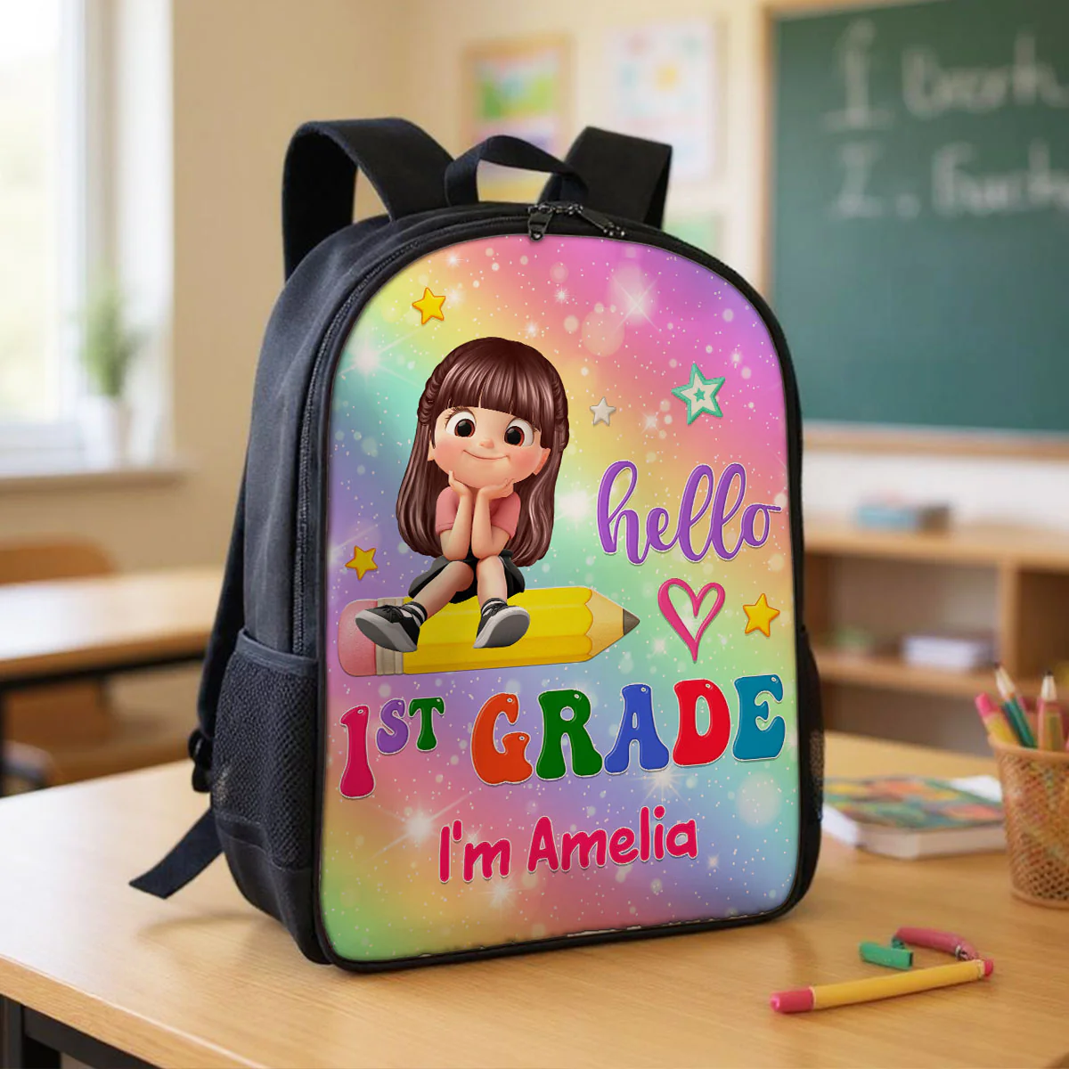 Kid Sitting On Pencil Personalized Kid Backpack, Back To School gift - Image 8