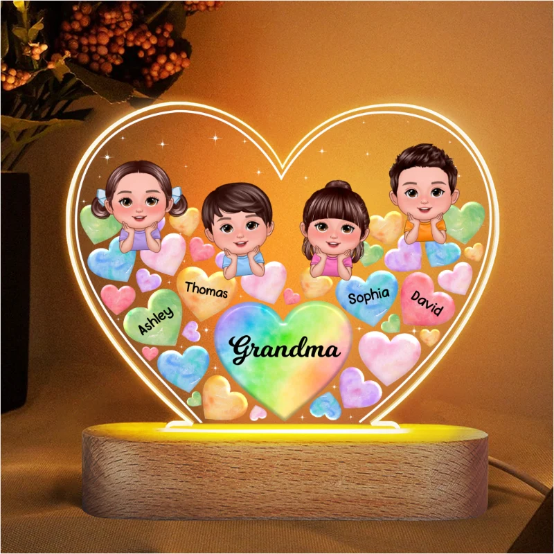 Kids Chin On Hand Hearts In Heart Gift For Mom Grandma Personalized Heart Acrylic LED Night Light - Image 4