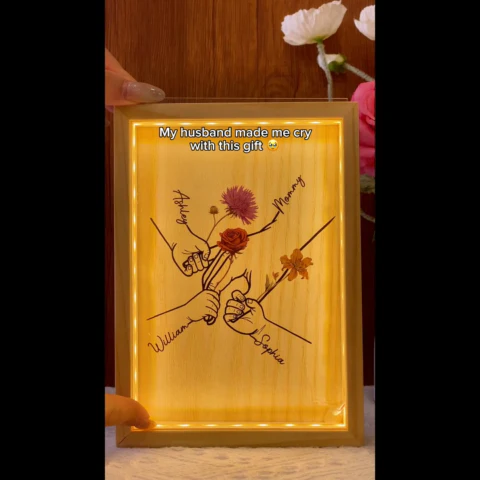 Kids Holding Grandma Mom Hand Birth Month Flowers Personalized Frame Light Box - Image 2