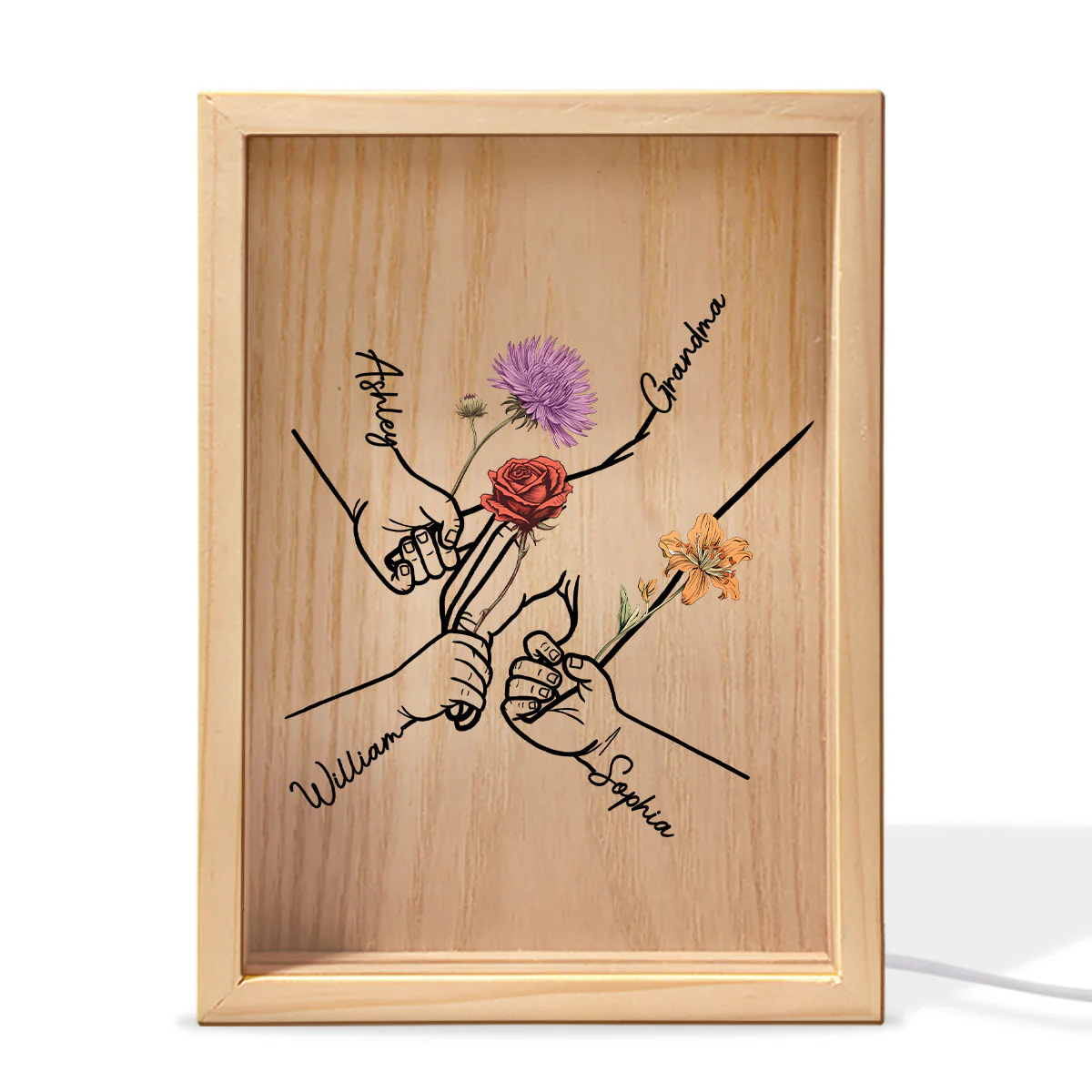 Kids Holding Grandma Mom Hand Birth Month Flowers Personalized Frame Light Box - Image 3