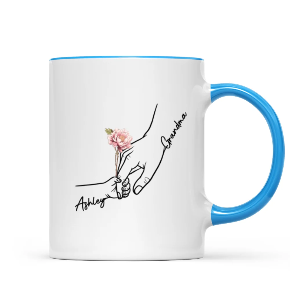 Kids Holding Grandma Mom Hand Birth Month Flowers Personalized Mug - Image 10