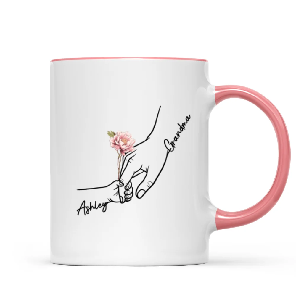 Kids Holding Grandma Mom Hand Birth Month Flowers Personalized Mug - Image 11