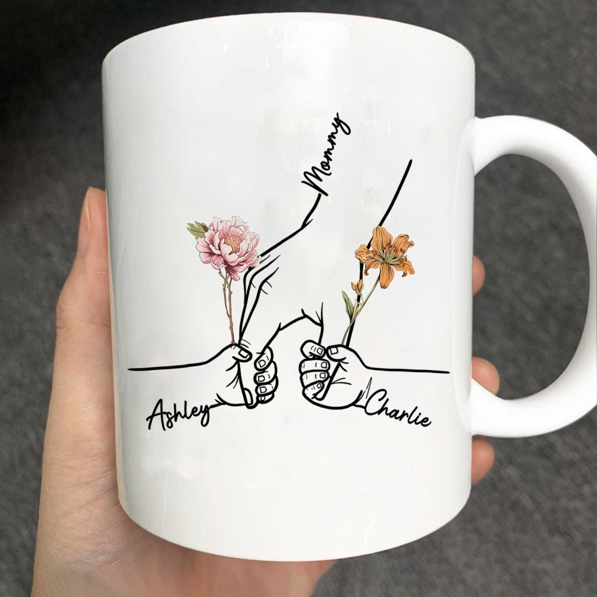 Kids Holding Grandma Mom Hand Birth Month Flowers Personalized Mug - Image 2