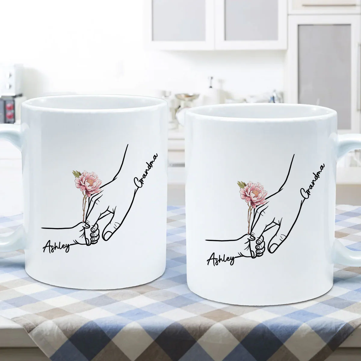 Kids Holding Grandma Mom Hand Birth Month Flowers Personalized Mug - Image 5
