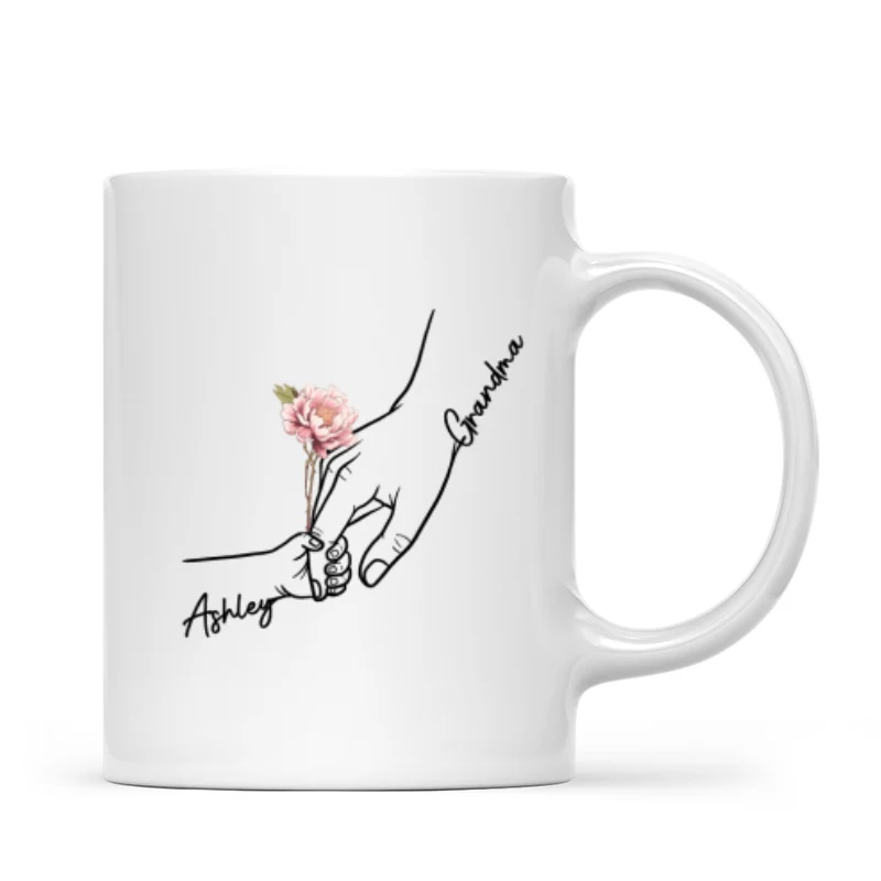 Kids Holding Grandma Mom Hand Birth Month Flowers Personalized Mug - Image 6