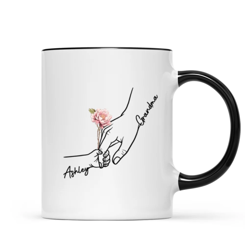 Kids Holding Grandma Mom Hand Birth Month Flowers Personalized Mug - Image 7
