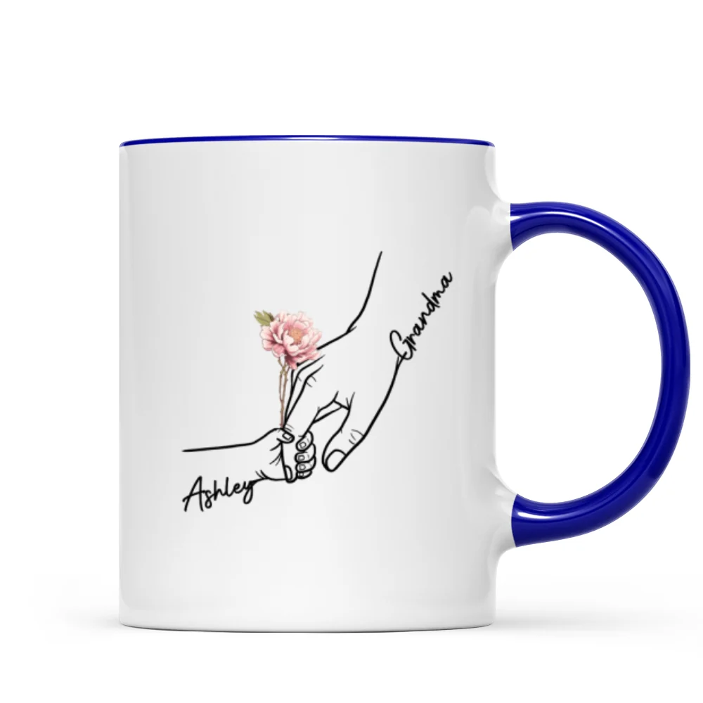 Kids Holding Grandma Mom Hand Birth Month Flowers Personalized Mug - Image 8