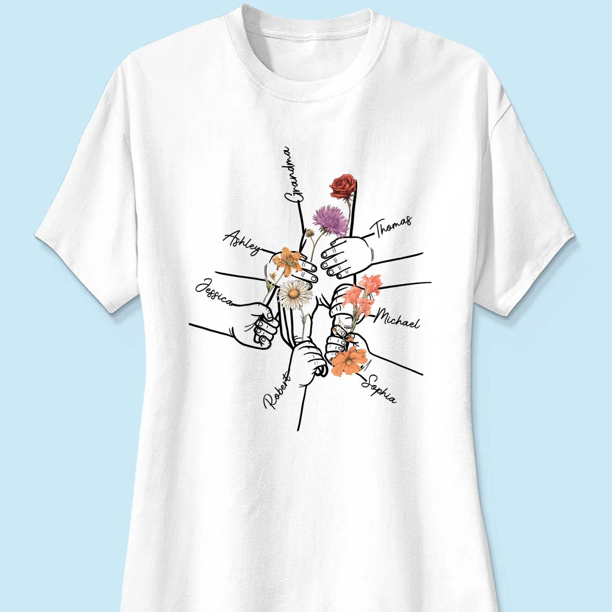Kids Holding Grandma Mom Hand Birth Month Flowers Personalized Shirt - Image 11
