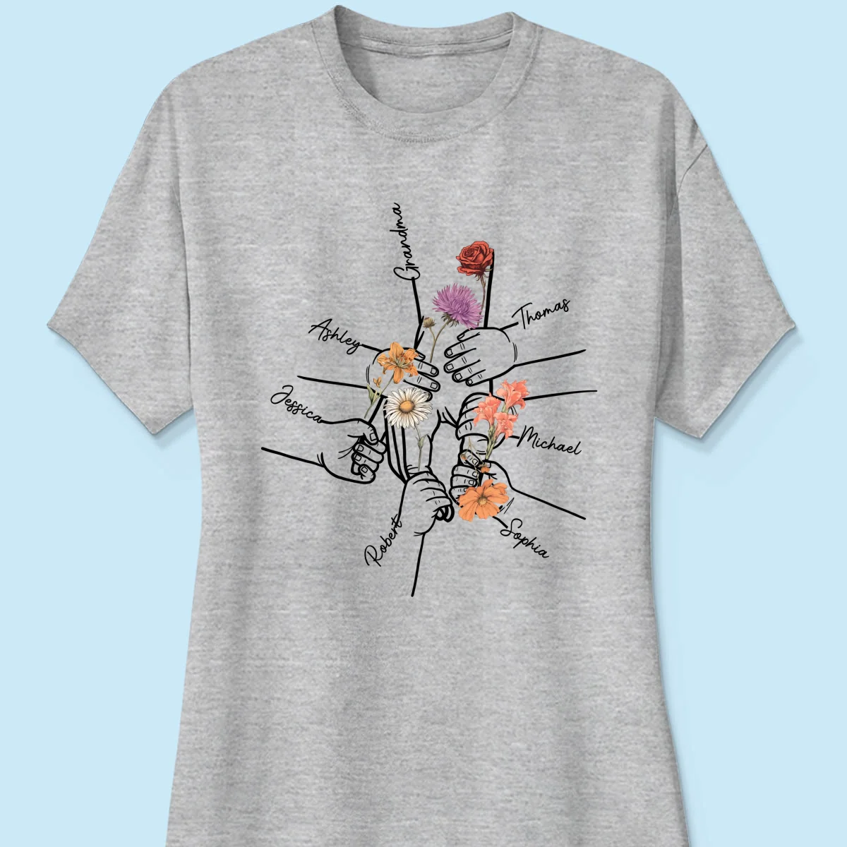 Kids Holding Grandma Mom Hand Birth Month Flowers Personalized Shirt - Image 12