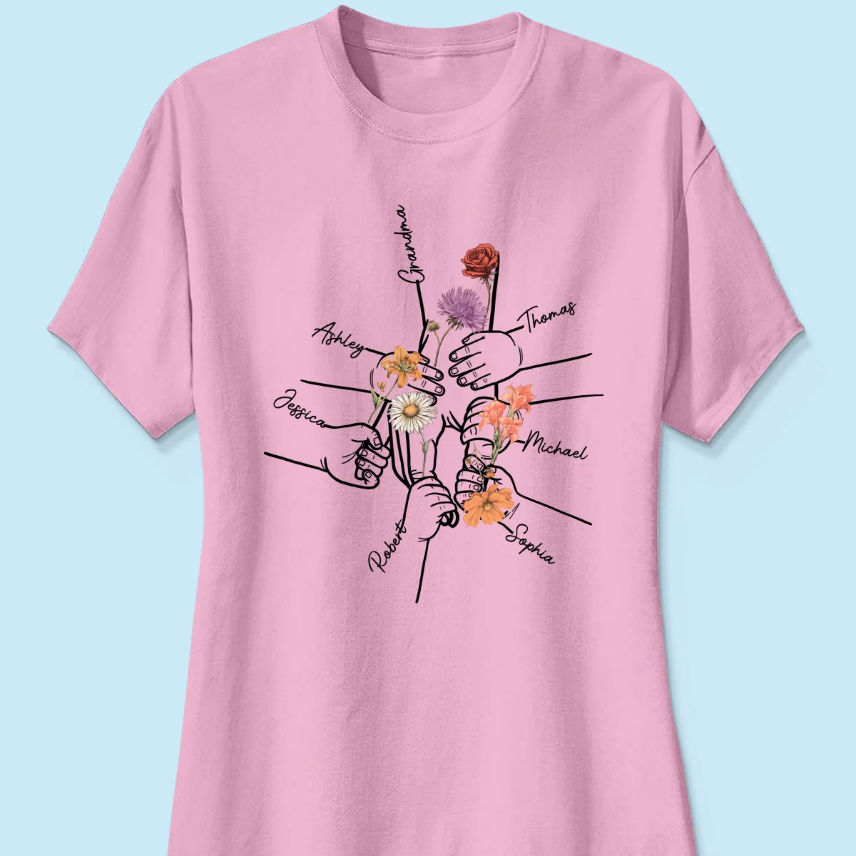 Kids Holding Grandma Mom Hand Birth Month Flowers Personalized Shirt - Image 13