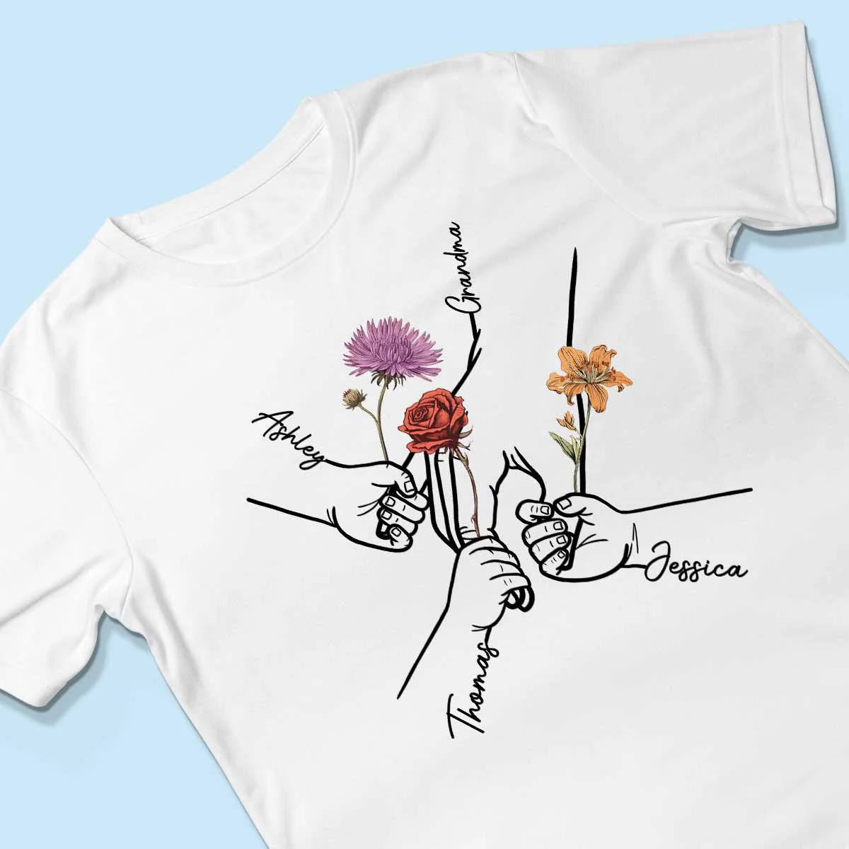 Kids Holding Grandma Mom Hand Birth Month Flowers Personalized Shirt - Image 3